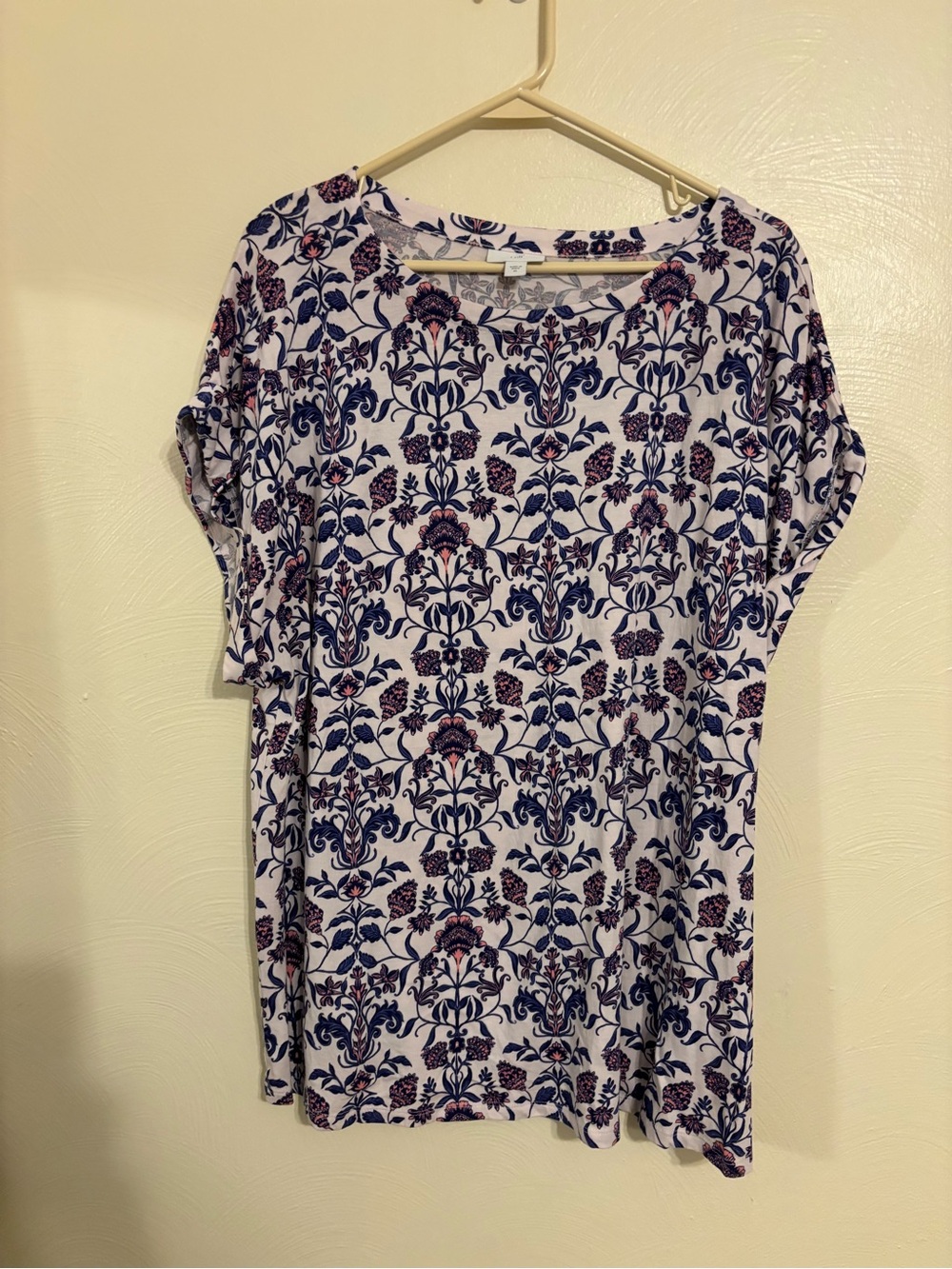 J.Jill Floral Tunic Top XL Blue Pink Cotton Tencel Modal